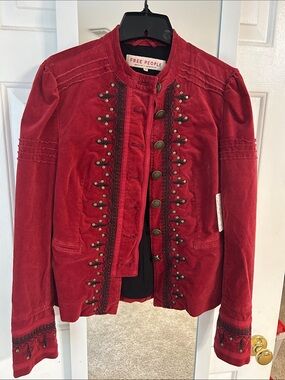 Free People Red Velvet Military-Inspired Button Jacket